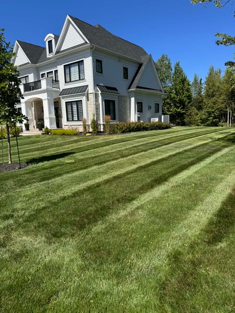 Modern white two-story house with manicured lawn and striped mowing pattern under clear blue sky