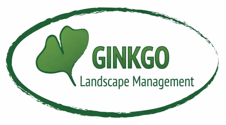 Ginkgo Landscape Management logo featuring a green ginkgo leaf inside an oval border
